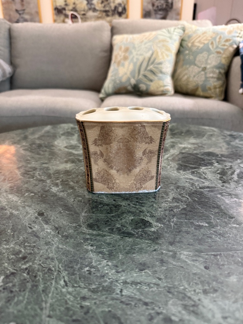 Vintage Toile Pattern Croscill Ceramic Toothbrush Holder - Beige with Gold Trim